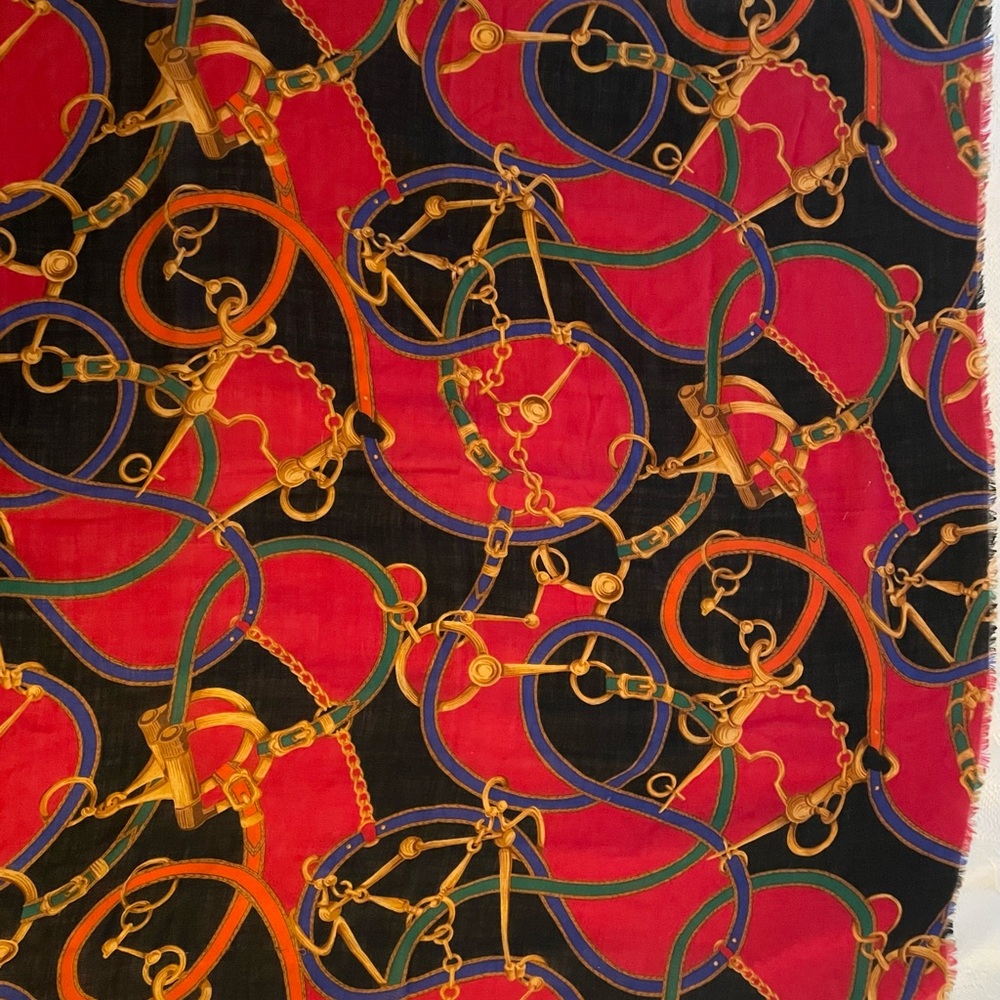 Ralph Lauren Red and Black Scarf with Gold Chain equestrian Design